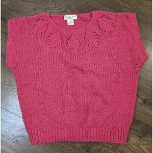 Vintage Pink Knit Sweater Vest Eyelet Lace Shell Top Sleeveless P-L Y2K